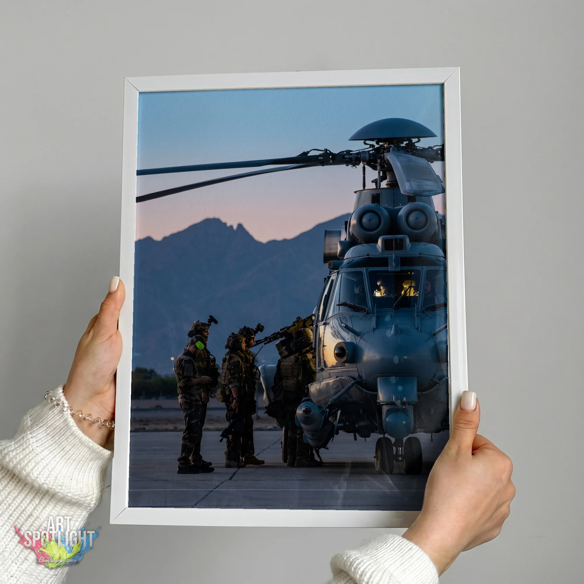 MILITARY HELICOPTER AT DUSK