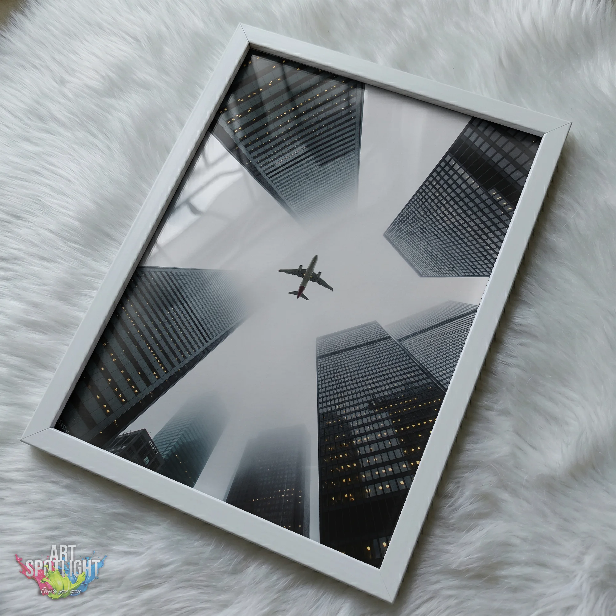 AIRPLANE ABOVE SKYSCRAPERS