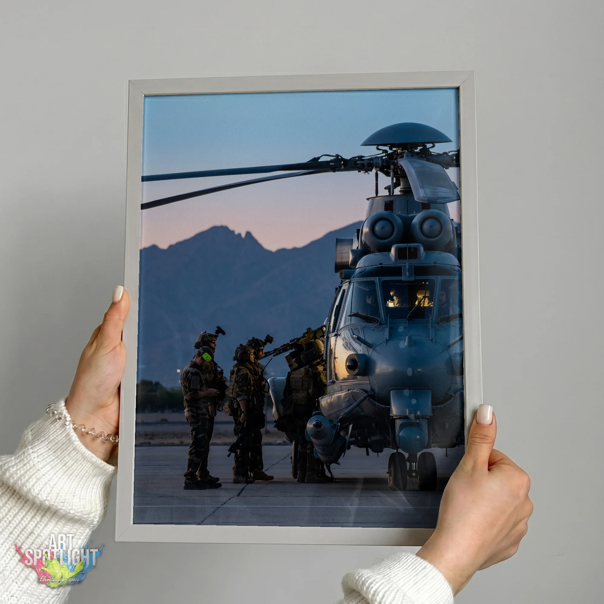 MILITARY HELICOPTER AT DUSK