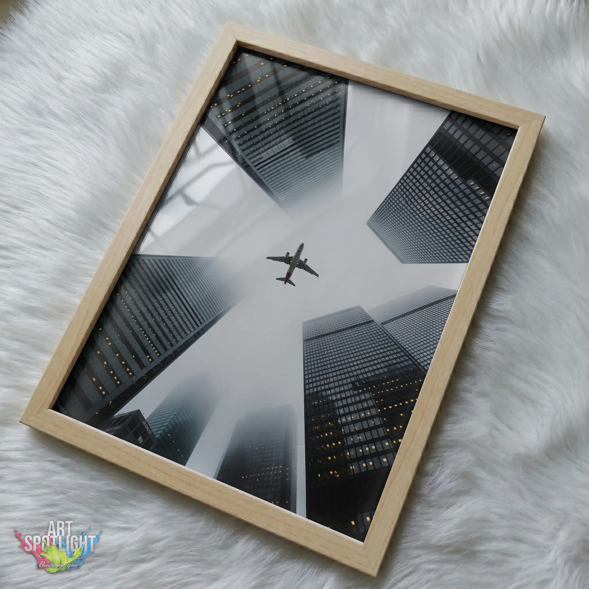 AIRPLANE ABOVE SKYSCRAPERS