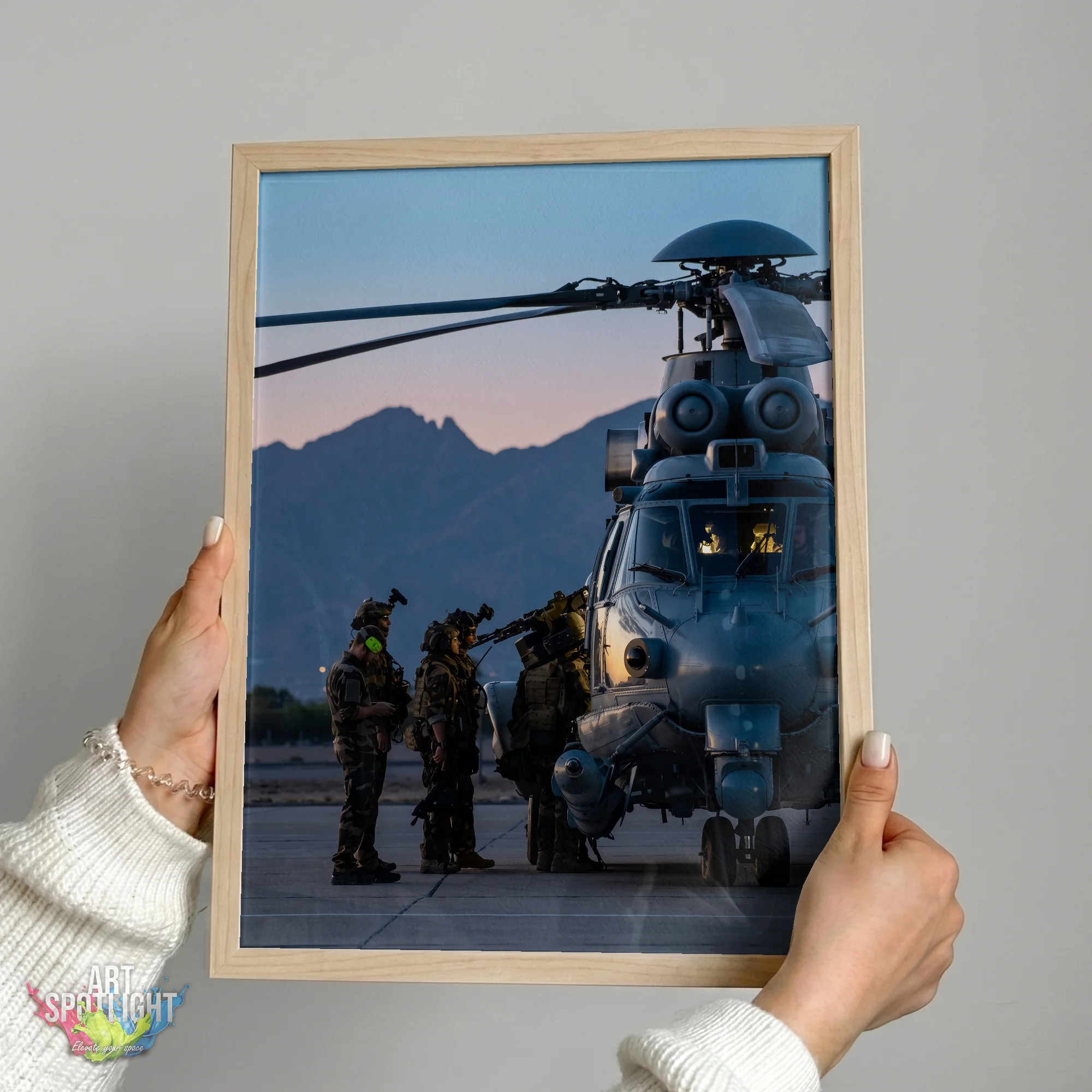 MILITARY HELICOPTER AT DUSK