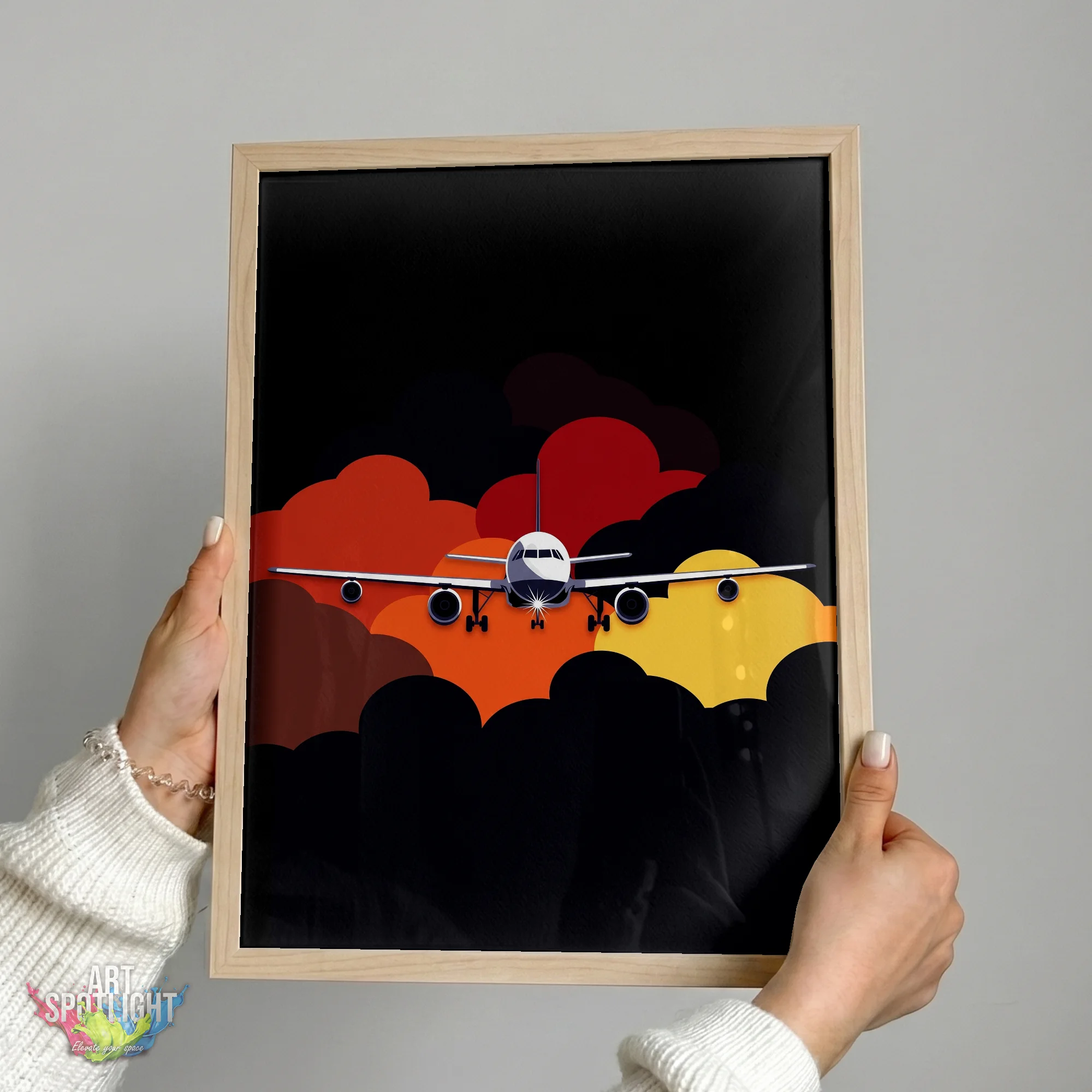 AIRLINER THROUGH COLORFUL CLOUDS