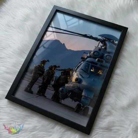 MILITARY HELICOPTER AT DUSK
