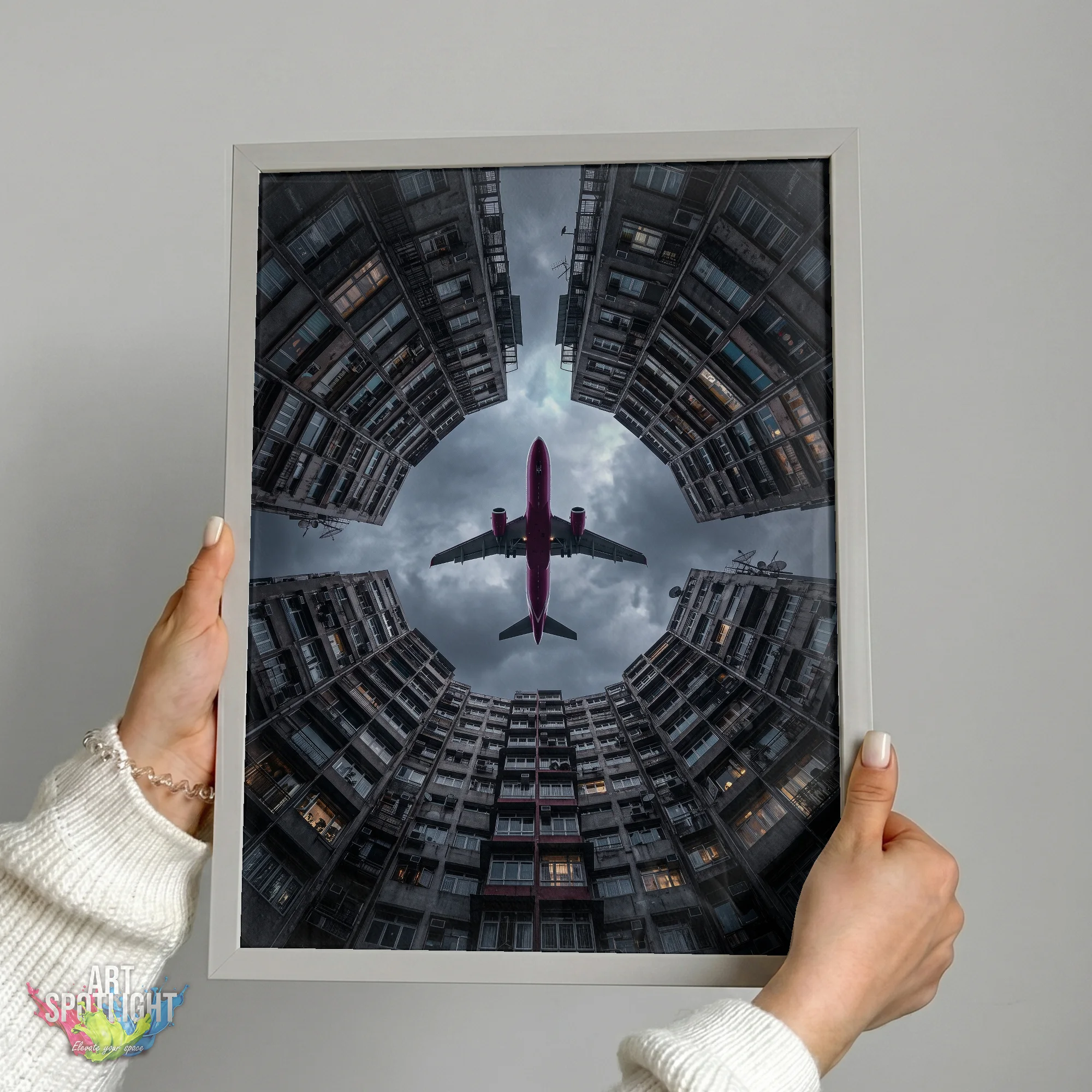 AIRPLANE OVER CITY COURTYARD