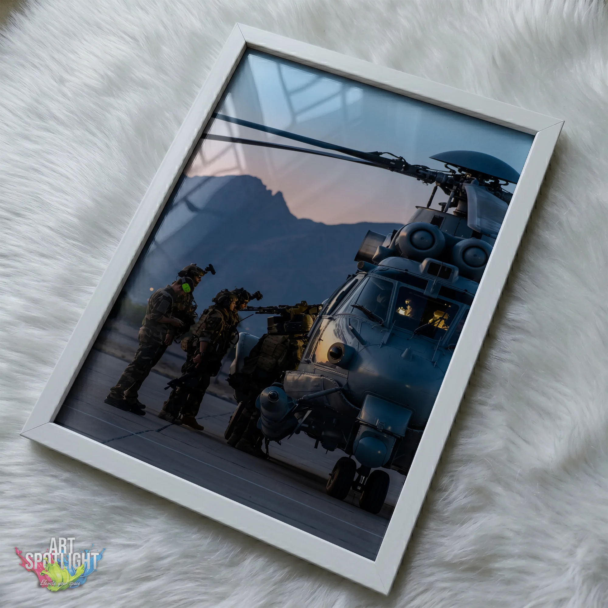 MILITARY HELICOPTER AT DUSK