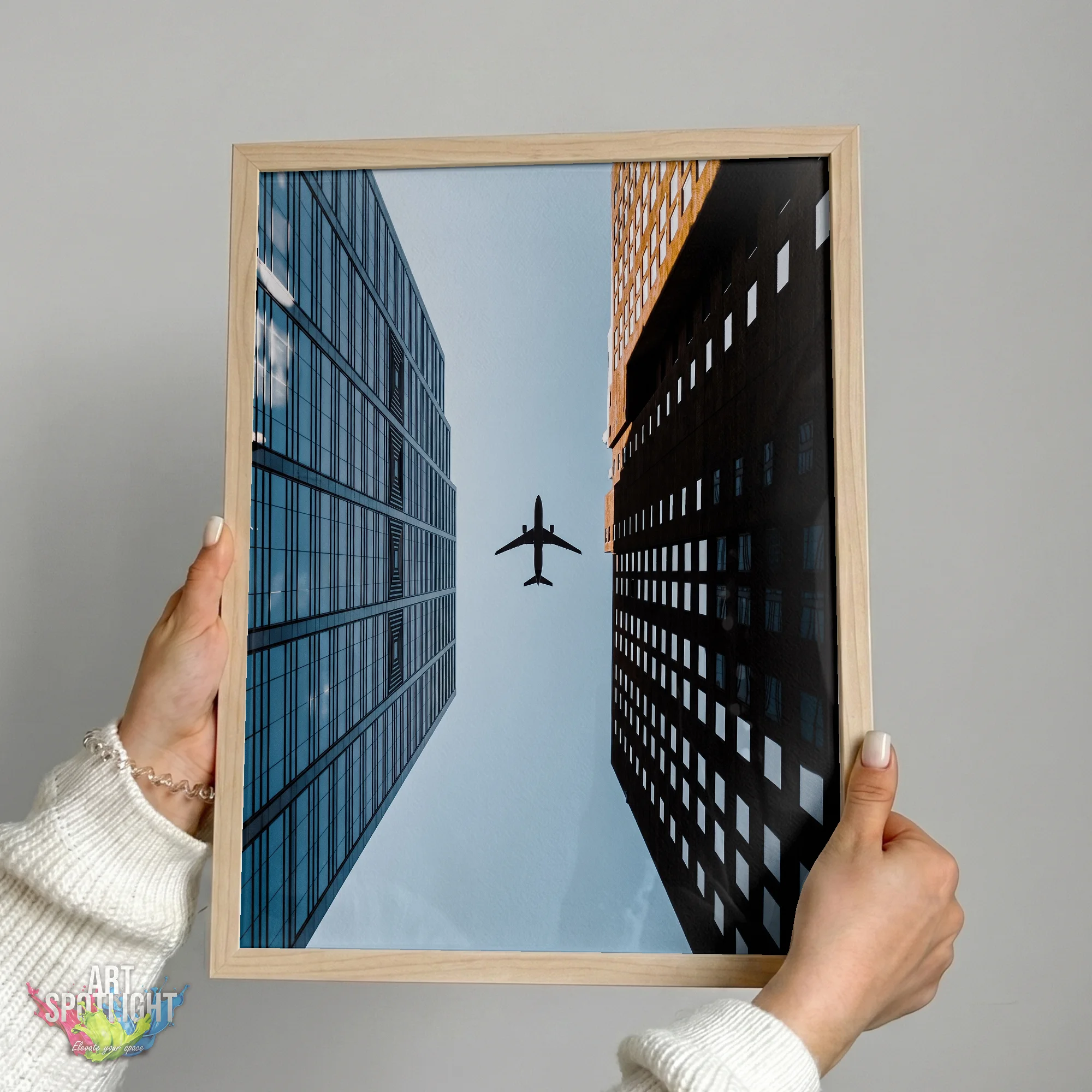 AIRPLANE BETWEEN SKYSCRAPERS