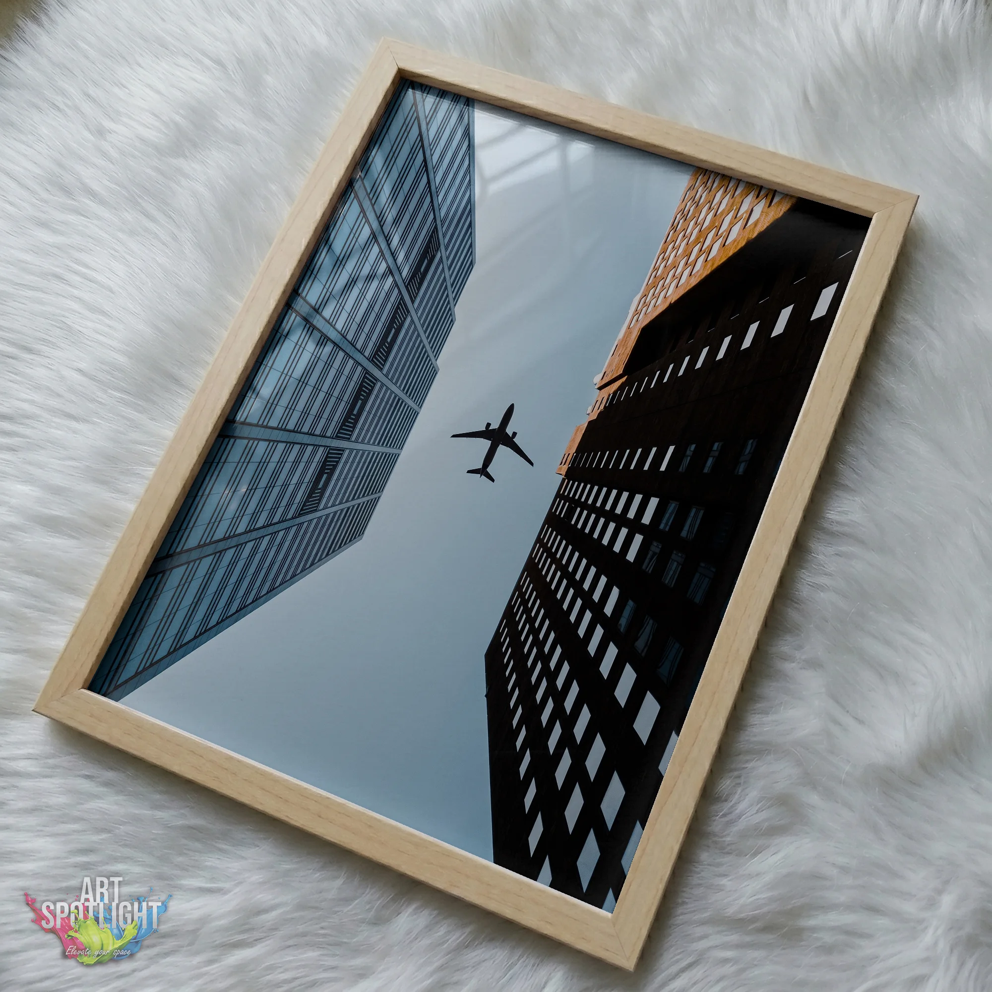 AIRPLANE BETWEEN SKYSCRAPERS