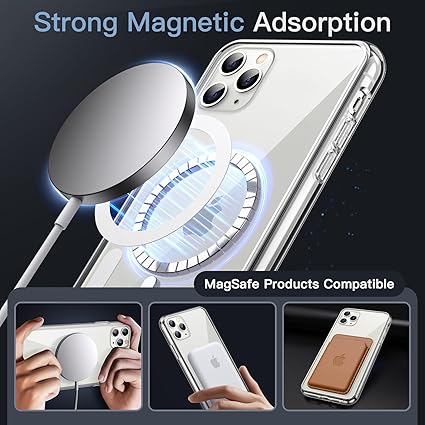 Coque magnétique pour iPhone 11 Pro compatible avec le chargement sans fil MagSafe, coque antichoc pour téléphone, dos transparent anti-rayures (transparent)