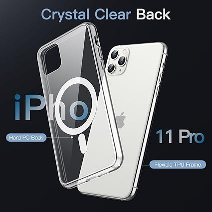 Coque magnétique pour iPhone 11 Pro compatible avec le chargement sans fil MagSafe, coque antichoc pour téléphone, dos transparent anti-rayures (transparent)