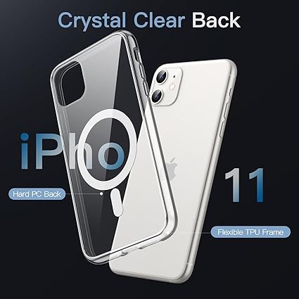 agnétique pour iPhone 11 compatible avec le chargement sans fil MagSafe, coque antichoc pour téléphone, dos transparent anti-rayures (transparent)