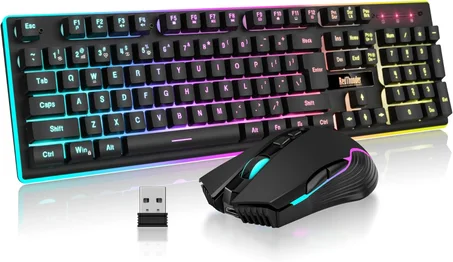 RedThunder K10 Juego de mouse y teclado inalámbricos, para videojuegos, retroiluminación LED, recargables, batería de 3800 mAh, sensación de teclado mecánico, sin ghosting, mouse 7D de 3200 D