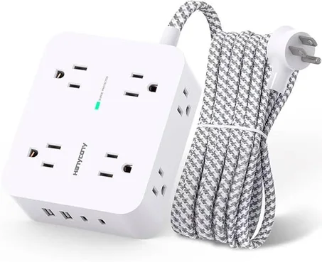 Protector de sobretensiones y tira de alimentación - HANYCONY 8 salidas 4 puertos de carga USB (2 USB C), extensor de enchufe múltiple, cable de extensión trenzado de 5 pies, estación de carg