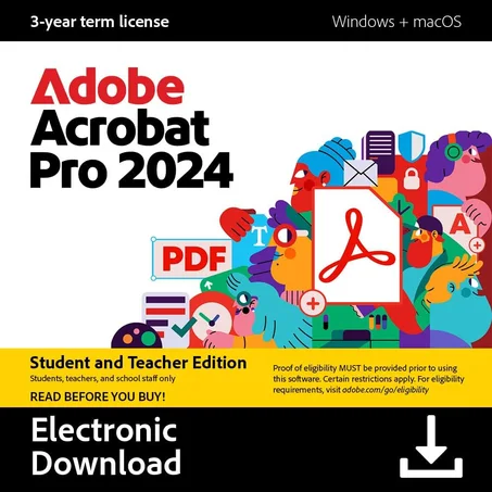 Adobe Acrobat Pro 2024 Student & Teacher Edition | Software Download | PDF Software | 3-year term license | Activation Required [PC/Mac Online Code]