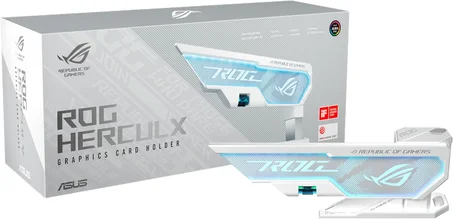 ASUS ROG Herculx Porta tarjeta gráfica Edición Blanca (Diseño sin herramientas, Nivel de espíritu incluido, Aleación de zinc sólido, 72-128mm, Aura Sync)