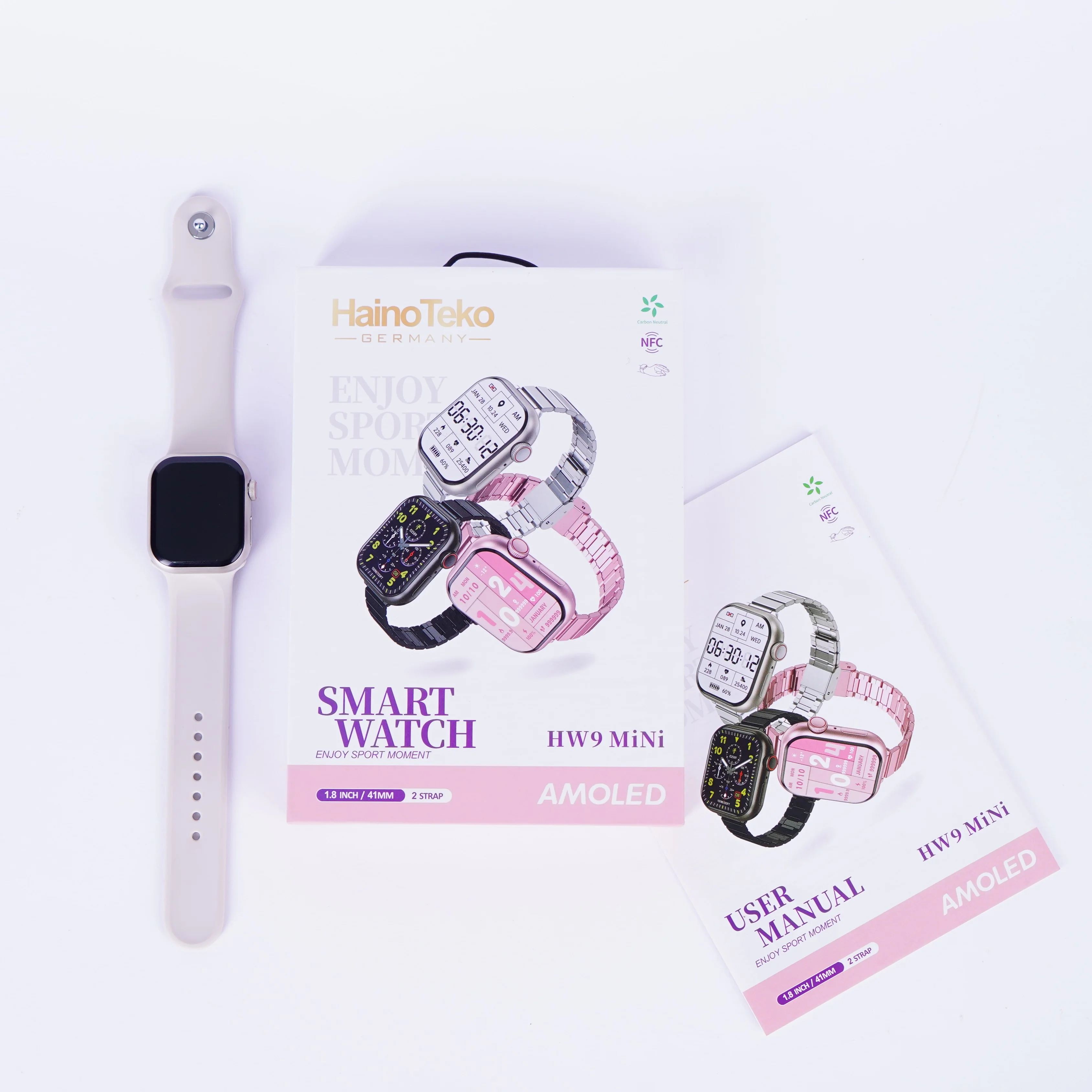 Smart Watch HW9 MiNi, 1.8 Inch AMOLED Display, Steel and Silicon Straps, Heart Rate Monitor, Fitness TRACKING, NFC, Game Mode, Voice Assistant, Pink