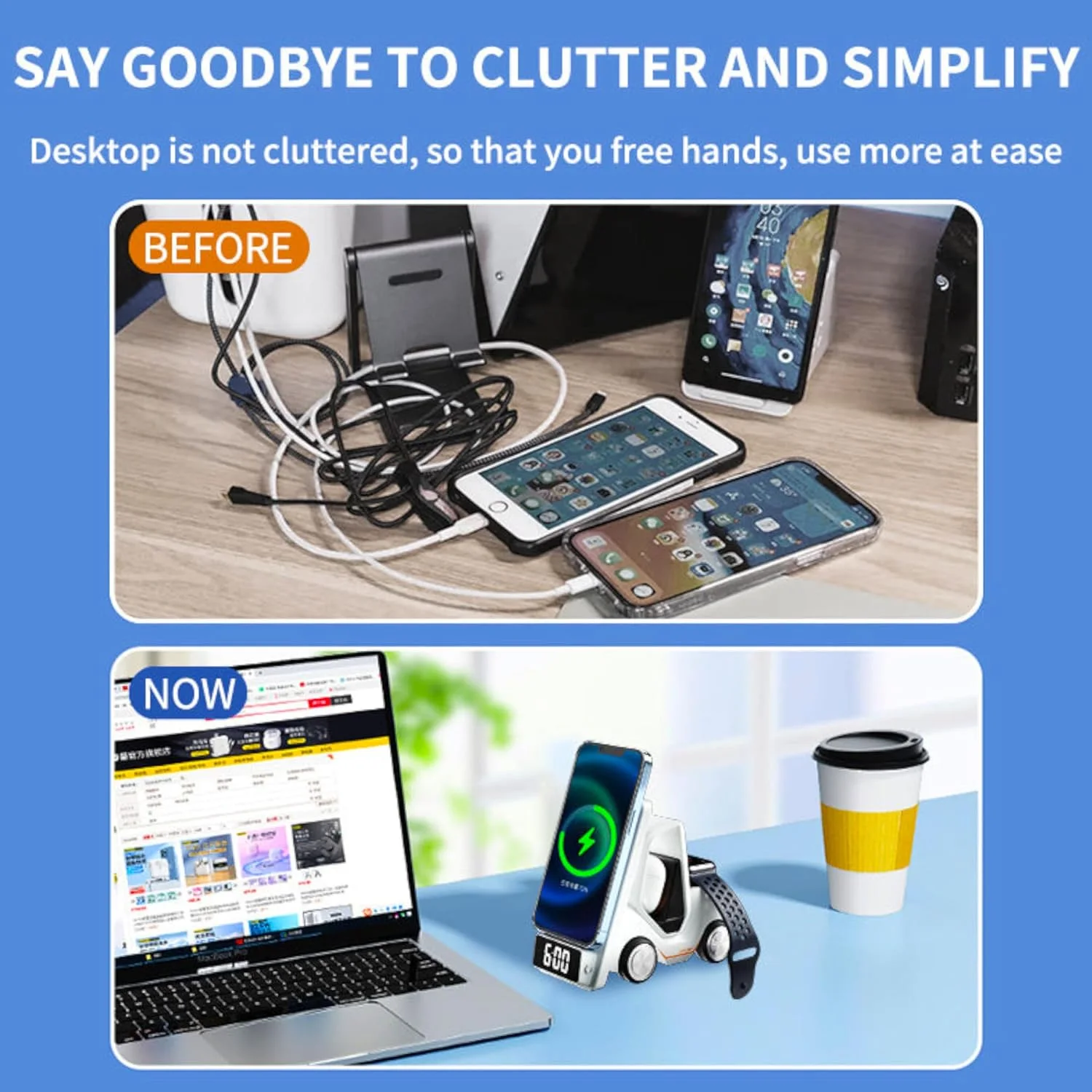 شاحن وايرلس 5 في 1 على شكل سيارة سباق | شحن سريع، ساعة رقمية، وإضاءة RGB 🏎️⚡ 5-in-1 Racing Car Wireless Charger Station | Fast Charging, Digital Clock & RGB Light