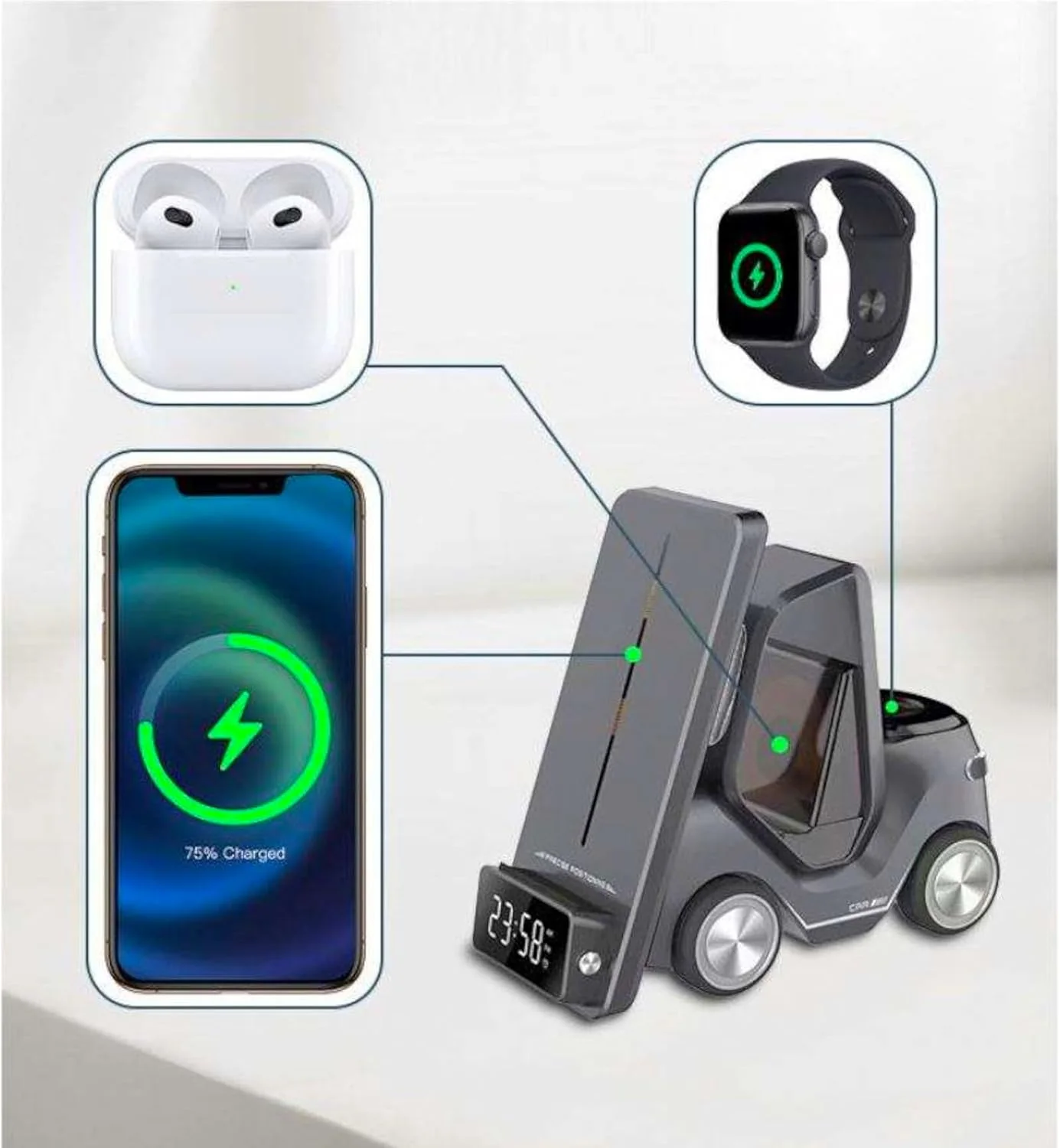 شاحن وايرلس 5 في 1 على شكل سيارة سباق | شحن سريع، ساعة رقمية، وإضاءة RGB 🏎️⚡ 5-in-1 Racing Car Wireless Charger Station | Fast Charging, Digital Clock & RGB Light