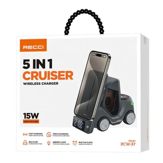 شاحن وايرلس 5 في 1 على شكل سيارة سباق | شحن سريع، ساعة رقمية، وإضاءة RGB 🏎️⚡ 5-in-1 Racing Car Wireless Charger Station | Fast Charging, Digital Clock & RGB Light