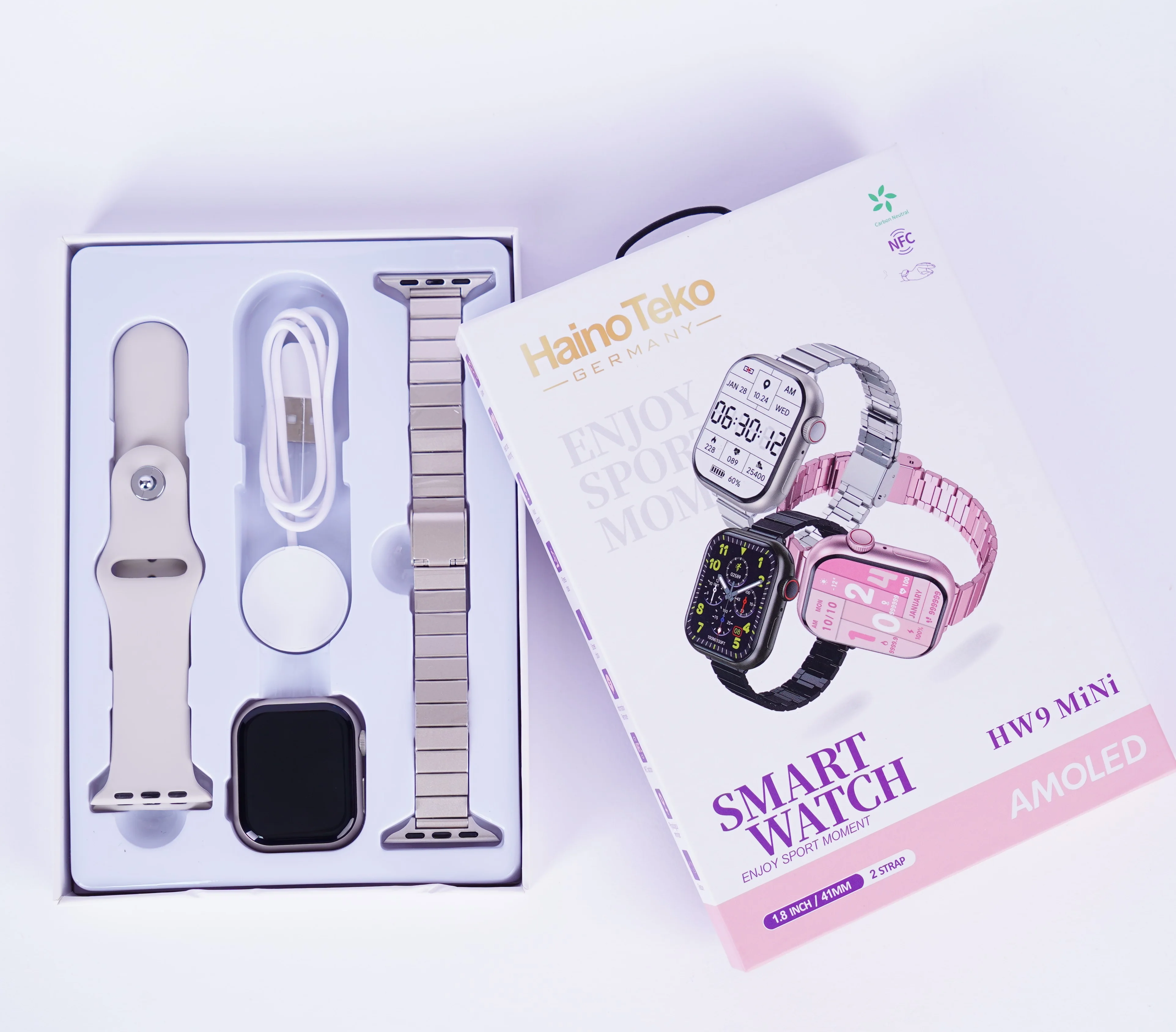 Smart Watch HW9 MiNi, 1.8 Inch AMOLED Display, Steel and Silicon Straps, Heart Rate Monitor, Fitness TRACKING, NFC, Game Mode, Voice Assistant, Pink