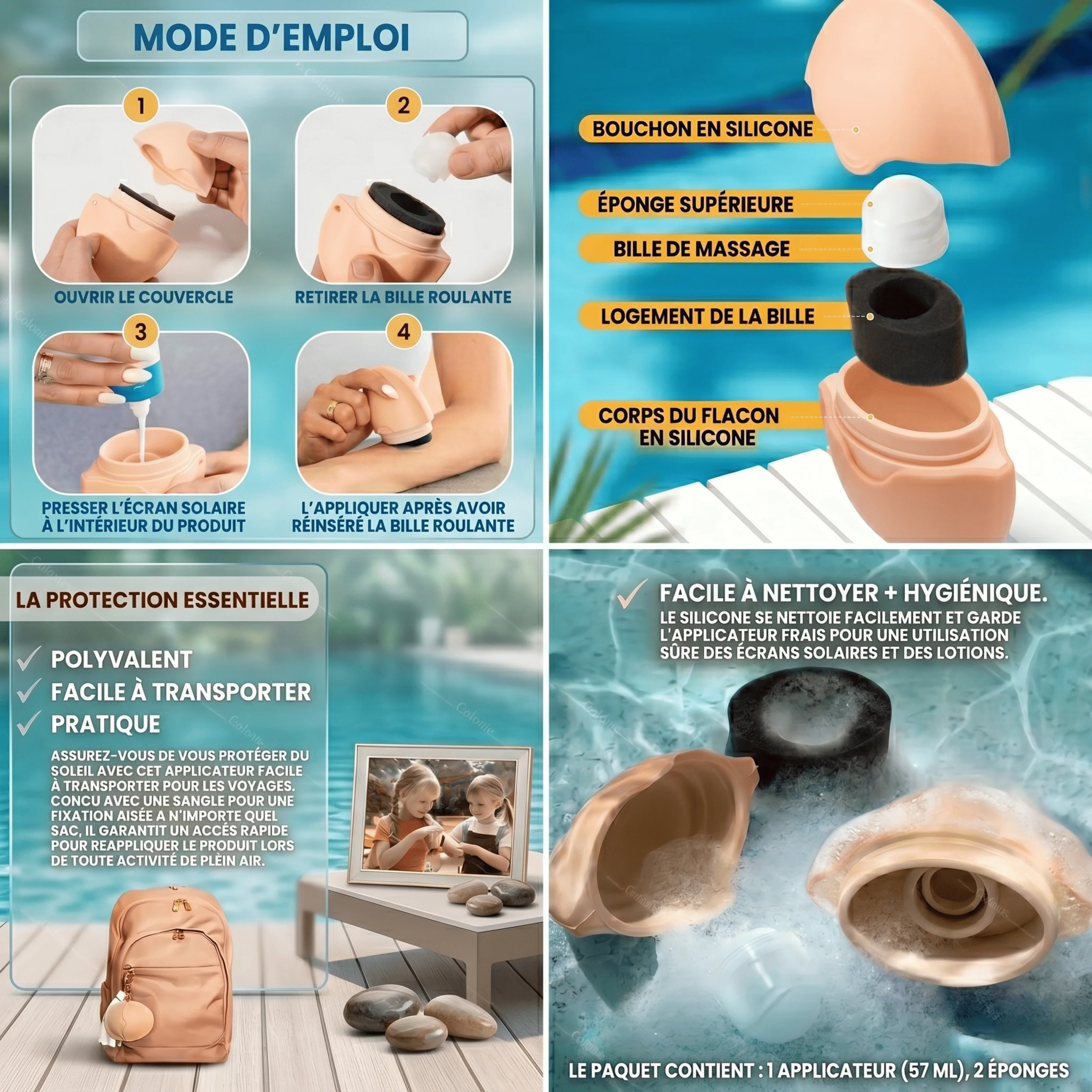 Applicateur multi-usages : crème solaire, lotions et crèmes hydratantes