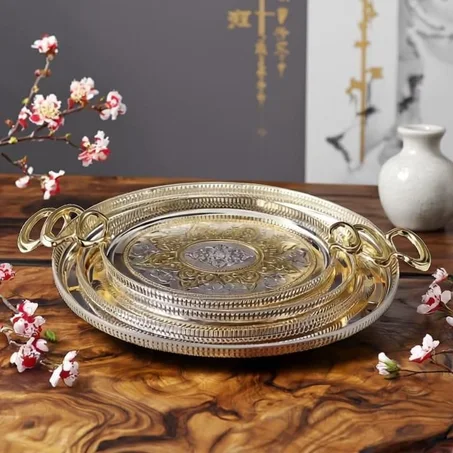 Set de 3 Plateau argenté argenté avec détails dorés