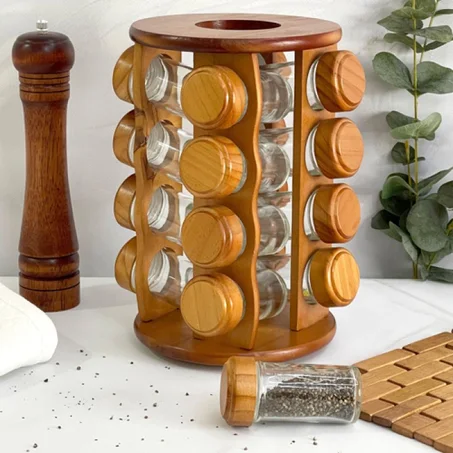 Organisateur d’épices rotatif en bois 16 bocaux