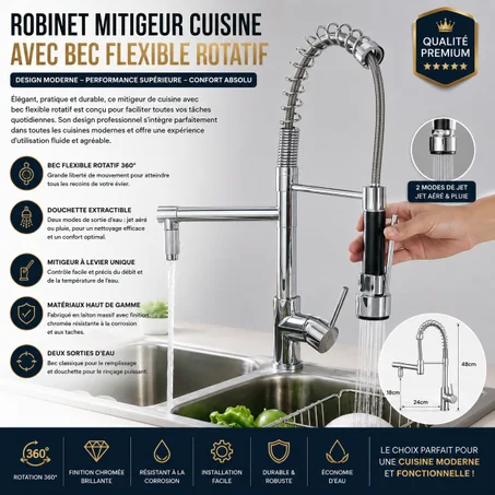 Robinet Mitigeur Cuisine Haut de Gamme avec Bec Flexible Rotatif 360° et Douchette Extractible – Robinet Évier Design Professionnel