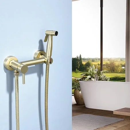 Kit Douchette WC Haute Pression Inox Doré 11CM – Douchette Bidet Hygiénique avec Mitigeur Eau Chaude & Froide, Flexible et Support Mural