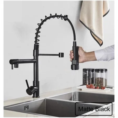 Robinet Mitigeur Cuisine Noir Mat avec Bec Flexible Rotatif 360° et Douchette Extractible – Robinet Évier Design Professionnel