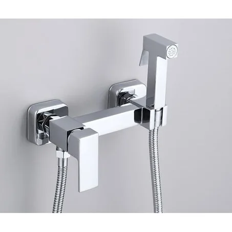 Ensemble Douchette WC Inox 11 cm avec Mitigeur Carré et Robinet d’Arrêt – Kit Douchette Hygiénique Toilette avec Flexible et Support Mural Design