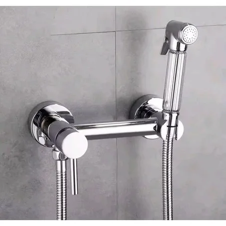 Ensemble Douchette WC avec Mitigeur, Robinet d’Arrêt et Flexible – Kit Douchette Hygiénique Toilette 11cm avec Support Mural Carré Design Moderne