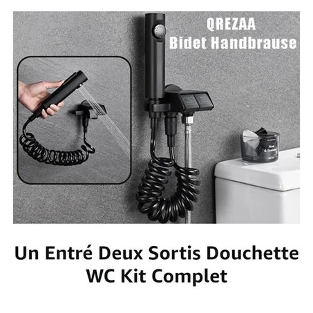 Ensemble Douchette WC Piano Noir avec Robinet Double Sortie 1.5M– Kit Douchette Hygiénique Toilette avec Flexible Spirale, Support et Sélecteur de Sortie