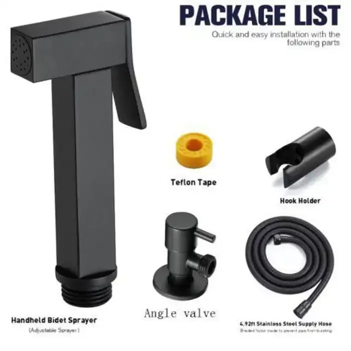 Douchette Hygiénique WC Noir avec Support et Flexible 1,5 m – Kit Bidet Toilette Complet avec Robinet d’Angle, Raccord et Ruban Téflon