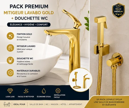 Pack Premium Mitigeur Lavabo Gold + Douchette WC Dorée – Robinet Vasque à Poser Design Luxe avec Douchette Hygiénique, Flexible et Support
