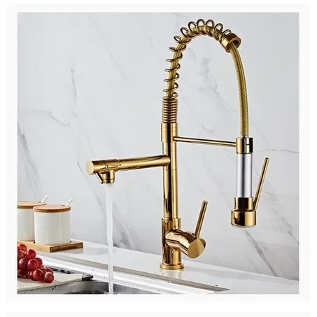Mitigeur Évier Cuisine Gold Rotatif à Double Sortie avec Bec Flexible et Douchette Extractible – Robinet Cuisine Design Haut de Gamme