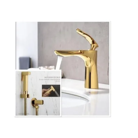 Pack Mitigeur Lavabo Gold + Douchette WC Dorée – Robinet Vasque à Poser Design Luxe avec Douchette Hygiénique et Support – Ensemble Salle de Bain Moderne