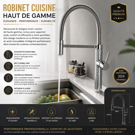 Mitigeur Évier Cuisine Haut de Gamme avec Bec Flexible 360° – Robinet Cuisine Professionnel Design Premium en Acier Inoxydable