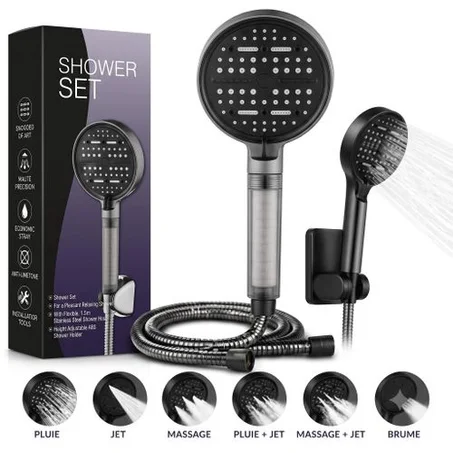 Pommeau de douche noir, douche à main universelle, pommeau de douche grande, set de douche premium, douche ronde avec 3 modes de jet réglable, convient pour salle de bain et sauna