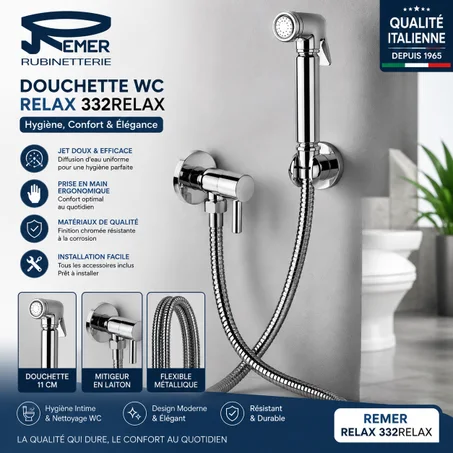 Remer Douchette WC Relax 332RELAX – Douchette Hygiénique WC Chromée avec Flexible Métallique et Support Mural – Kit Bidet Toilette