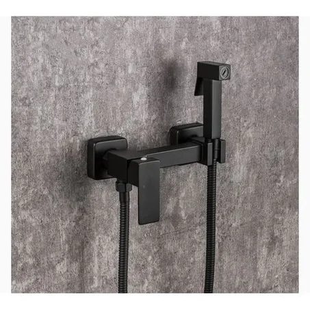 Ensemble Douchette WC Inox Noir Mat 11 cm avec Robinet d’Arrêt, Flexible Spirale et Support Carré – Kit Douchette Hygiénique Toilette & Salle de Bain