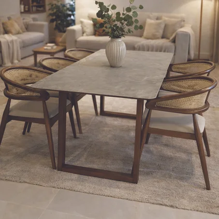 Ensemble de table à manger - 6 chaises Bois massif & cannage