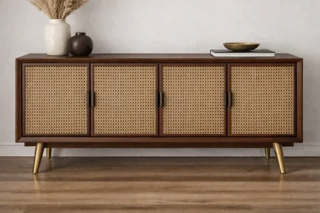Buffet Bois Massif  4 portes Cannage Rotin