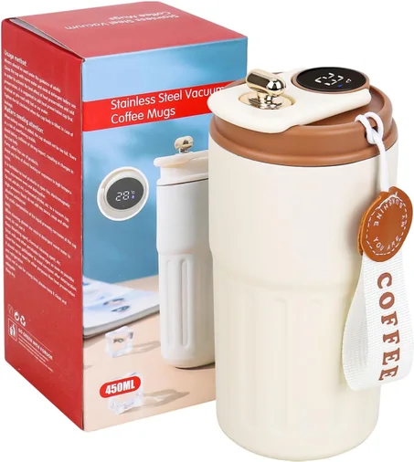 زجاجة ذكية 450 مل مع شاشة درجة الحرارة – كوب حراري مانع للتسرب للقهوة والمشروبات الساخنة والباردة، مثالي للسفر