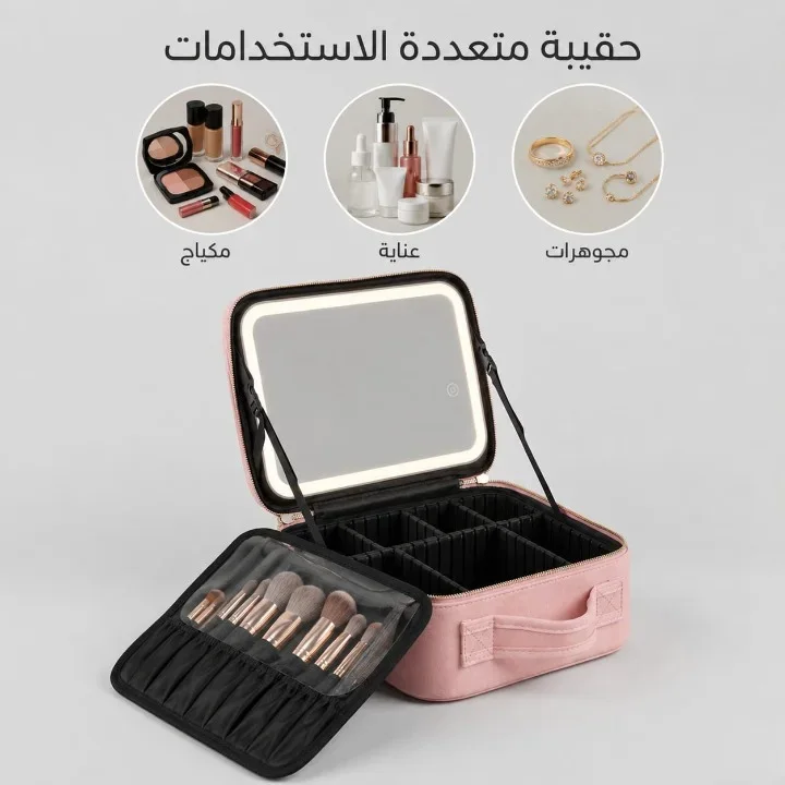 حقيبة تنظيم مستحضرات التجميل والمكياج الفاخرة للسفر مزودة بمرآة ذكية ذات إضاءة LED قابلة للشحن ومقاومة للماء والرطوبة.