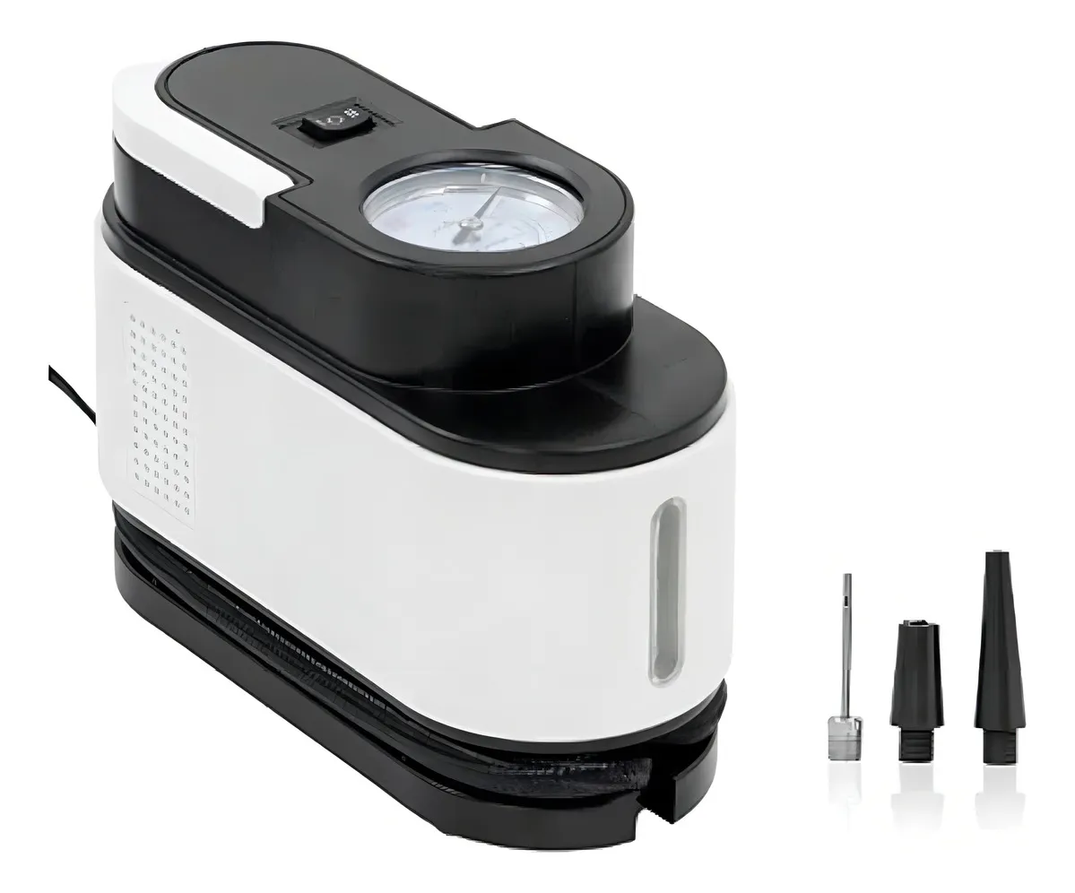 منفاخ/كمبريسور هواء للسيارة 12V مع مقياس ضغط + رؤوس متعددة (نفخ الإطارات والكرات)