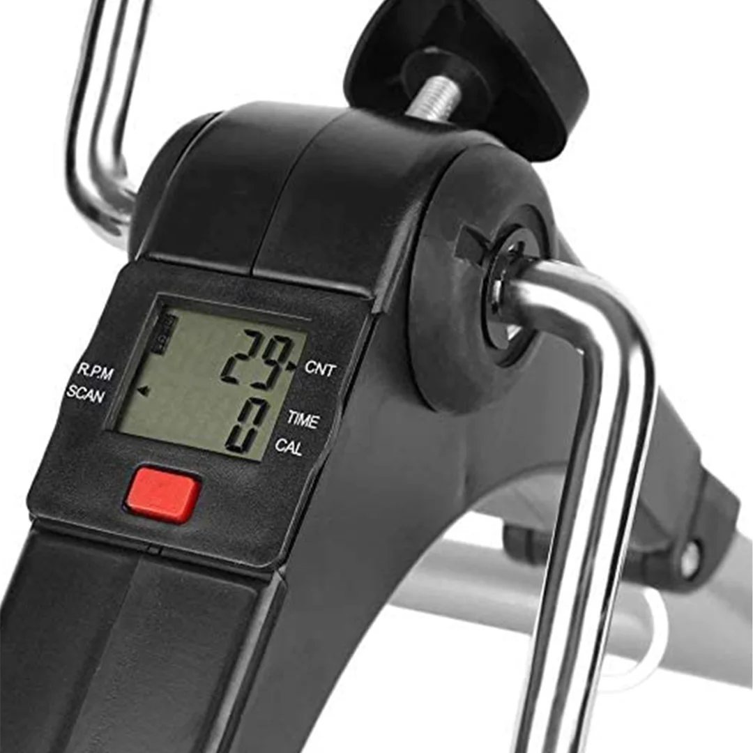 Foot massager with a two-year warranty, and a small, foldable home exercise machine with pedals and an LCD screen.