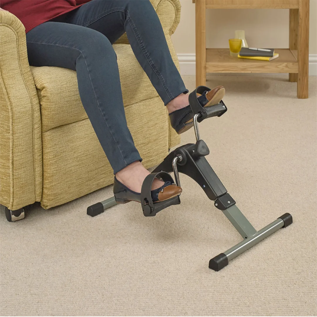 Foot massager with a two-year warranty, and a small, foldable home exercise machine with pedals and an LCD screen.