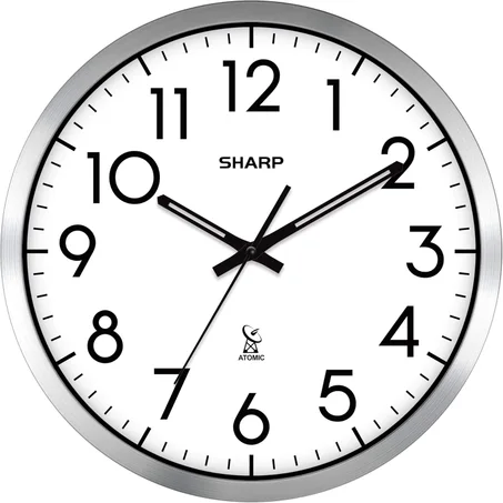 Sharp Reloj de pared analógico atómico de 12 pulgadas, acabado plateado cepillado, funciona automáticamente, funciona con pilas, fácil de leer, fácil de usar, diseño y estilo modernos