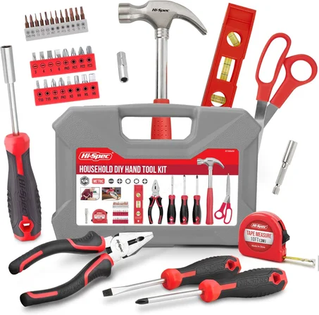 Hi-Spec Juego de herramientas, kit de herramientas para el hogar rojo y juego de herramientas de inicio para el hogar y la oficina, caja de herramientas compacta y fácil de transportar