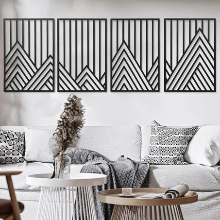 AMAATE Moderno juego de arte abstracto para pared, impresiones en lienzo en blanco y negro, diseño geométrico de 4 paneles para decoración del hogar y sala de estar (Art Deco, montaña negra, 